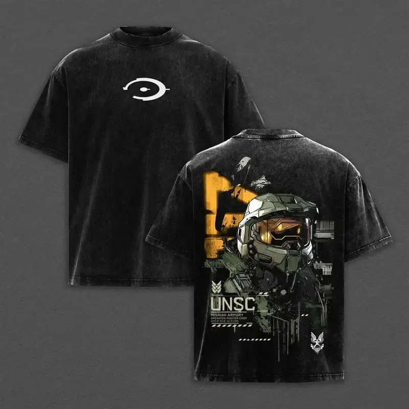Vintage Washed Oversized Printed Men's T-Shirt, Double-sided Print of Master Chief from Halo UNSC Classic Military Game, Soft Cotton Crew Neck Short Sleeve Top for Urban Street Style, Ideal for Parties, Road Trips and Daily Wear