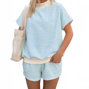 Mntaor Women's Stripe Cuffed Sleeve Contrast Mock Neck Tee & Shorts 2PCS Set Soft Comfortable Trendy Minimalist Design for Daily Wear Work from Home Coffee Runs - Clothes, Womenswear