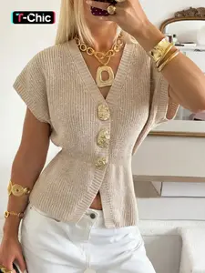 Women's Casual Elegant Ribbed Button Knit Vneck Sleeveless Top, Slim Fit Solid Color Design, Suitable for All Seasons, Medium Fabric Thickness, Vests, Womenswear