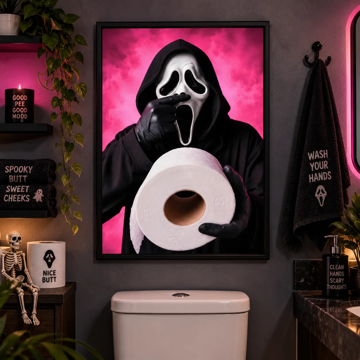 Ghostface Iconic Whimsical Scream Canvas Wall Print - Horror Comedy Artwork, Funny Bathroom Wall Decor, Novelty Funny Gift for Horror Movie Lovers, Home Decoration