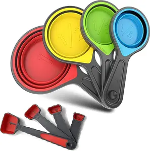 Collapsible Silicone Soft Measuring Cups and Measuring Spoons,8 Pieces Portable Food Grade Silicone Measurement Cup for Liquid & Dry Measuring Baking &Utensils & Travel Measuring Cup，Space Saver GrandFort