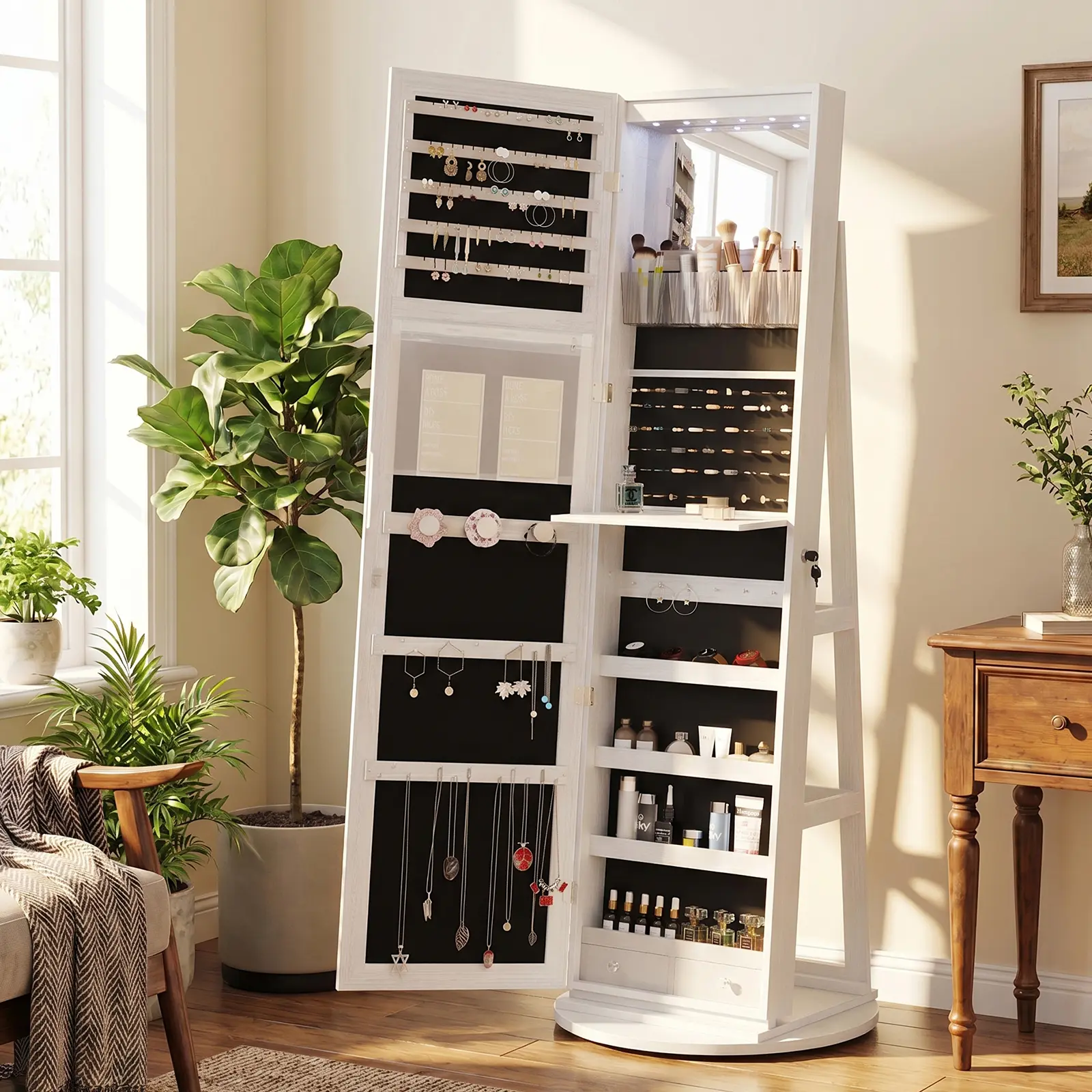 64 Inch 360° Rotating Jewelry Armoire with Full Length LED Mirror, 3-in-1 Standing Jewelry Cabinet Lockable Freestanding Makeup Storage Organizer with Foldable Tray & Drawers for Bedroom