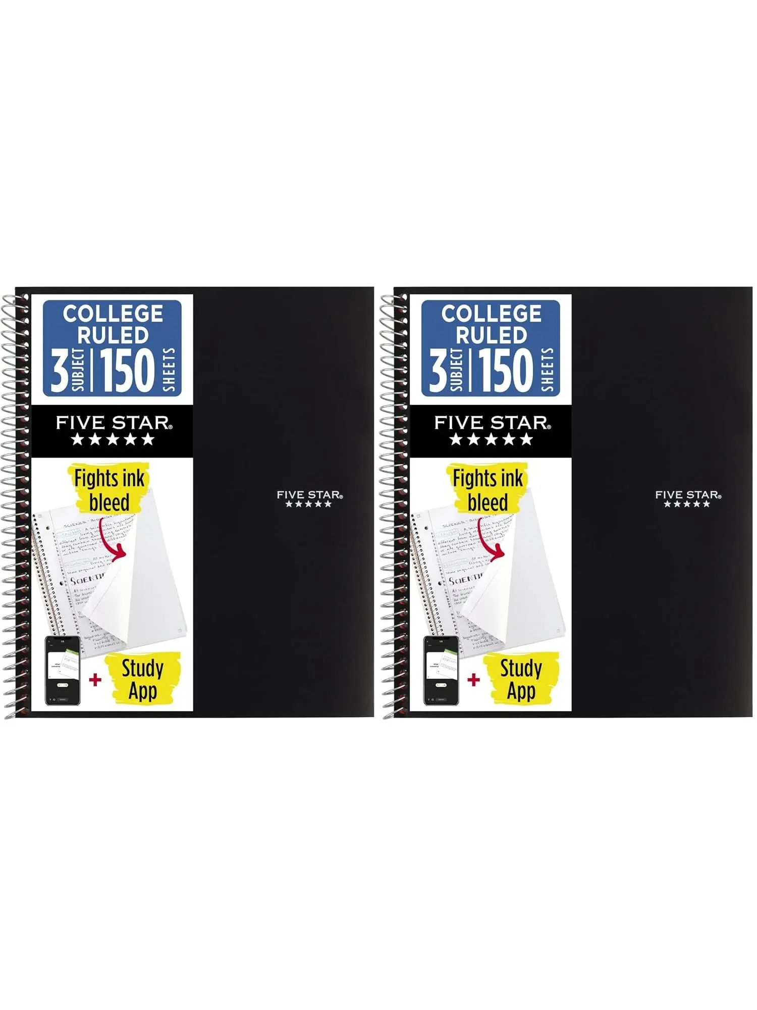 Five Star Spiral Notebook + Study App, 3 Subject, College Ruled Paper, 8-1/2" x 11", 150 Sheets, Fights Ink Bleed, Water Resistant Cover, White (72464)