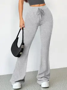 Women's High Waist Flare Leg Sports Tummy Control Leggings, Solid Color Drawstring High Stretch Yoga Leggings, Gym Clothes, Ladies Sportswear for Indoor Outdoor Wear, Gym Yoga Pants