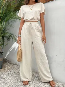 Women's Casual Minimalist Two-Piece Set, Pure Color Loose Fit Top & Pants, Fashionable Comfortable, Perfect for Daily Wear, Womenswear, Trouser