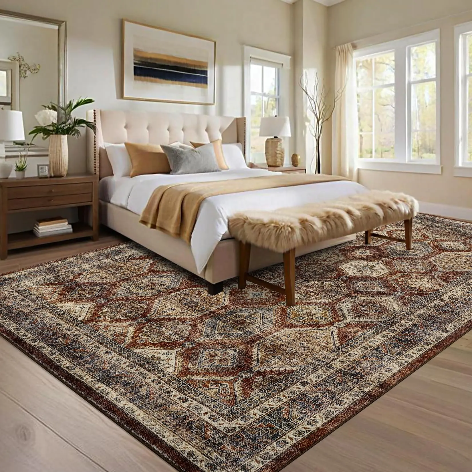 【GARVEE】Washable 8x10 Area Rug for Living Room, Non-Slip Vintage Style Floor Carpet, Low Pile Foldable Printed Rug, Non-Shedding Soft Faux Wool for Dining and Nursery Rooms, Reddish Brown