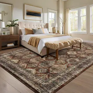 【GARVEE】Washable 8x10 Area Rug for Living Room, Non-Slip Vintage Style Floor Carpet, Low Pile Foldable Printed Rug, Non-Shedding Soft Faux Wool for Dining and Nursery Rooms, Reddish Brown