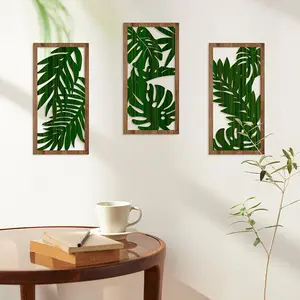 3pc Tropical Palm Leaf Vintage Wooden Wall Decor, Bohemian Style Home Art Decoration, Suitable for Farmhouse Living Room Bedroom Office Studio