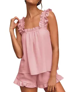 Marvmys Womens Pajamas Set 2 Piece Ruffle Bridal Cute Pajamas Sexy Tank Top and Shorts Bride Sleepwear Set S-2XL#Summervibes