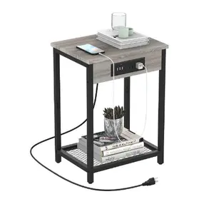 Grey Nightstand with Charging Station Small Bedside Nigh Stand Table with USB Ports and Power Outlets for Bedroom Living Room Farmhouse Office