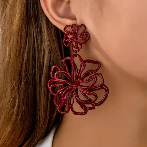 Elegant Burgundy Floral Statement Earrings - Enameled Zinc Alloy with Stainless Steel Posts, Perfect for Vacation & Gifts