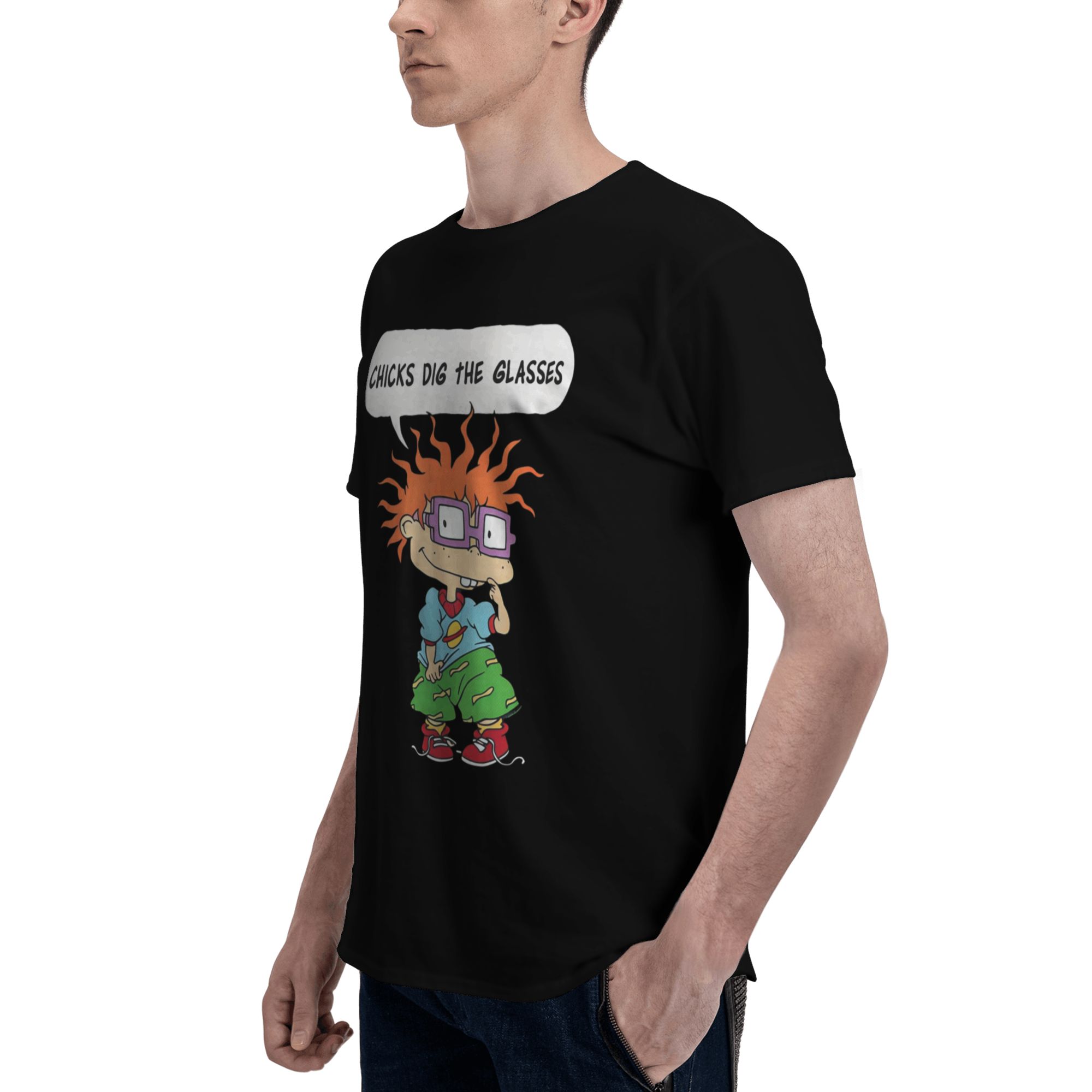 Rugrats Chucky Chick Loves Glasses T-shirt, 100% Cotton, Holiday Gift, in-Store Explosion, Get a Lot of Praise, Male, Female, Dad, Family, Mother, Friend AAA,180G, round Collar in Black, glasses