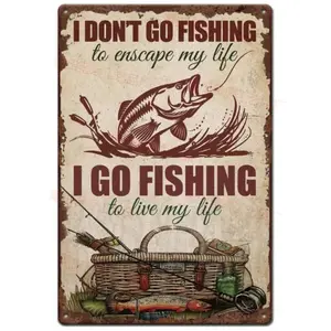 Distressed Metal Wall Sign with Fishing Theme, 2D Flat Design, Perfect for Cabin, Bar, Home, or Outdoor Decor
