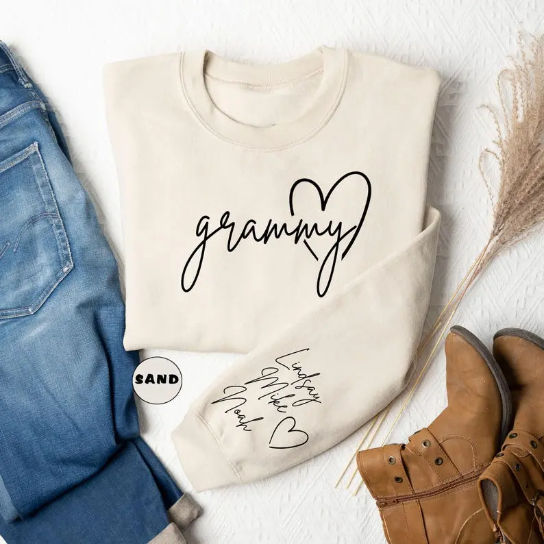 Personalized Grammy Sweatshirt, Custom Grandma Hoodie, Cute Granny Outfit With Grandkids Names On Sleeve, Grandma Clothing, Birthday Gifts