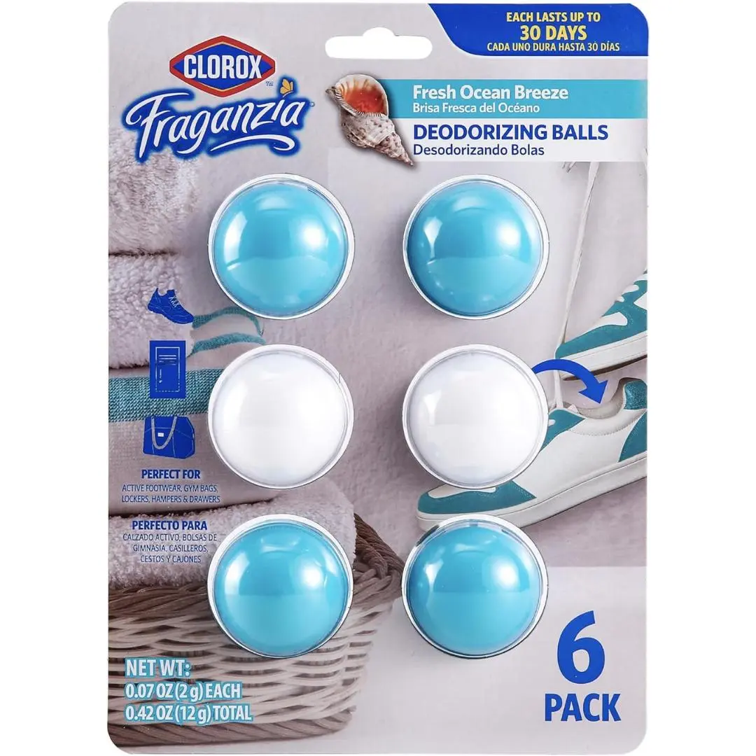 Clorox Fraganzia Deodorizing Balls in Lavender with Eucalyptus, 6 Count - No-Plug, Battery-Free Air Freshener for Shoes, Gym Bags, Lockers, Hampers, and Drawers, 6 Air Freshener Units