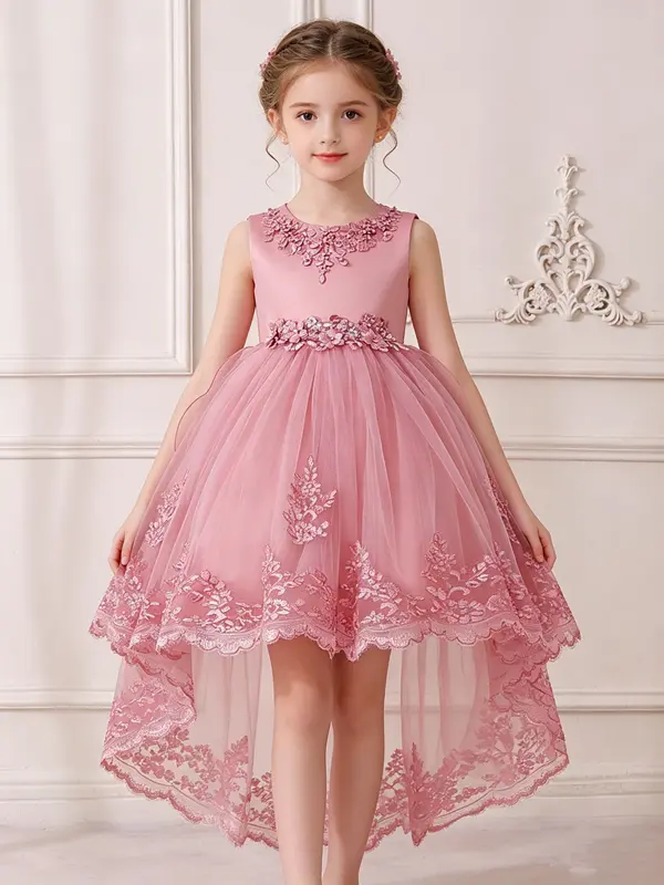 Girls Elegant Pink Tulle Lace Dress Sleeveless Princess Dress for Wedding Birthday Occasion first  communion  dress，Children's Day gift