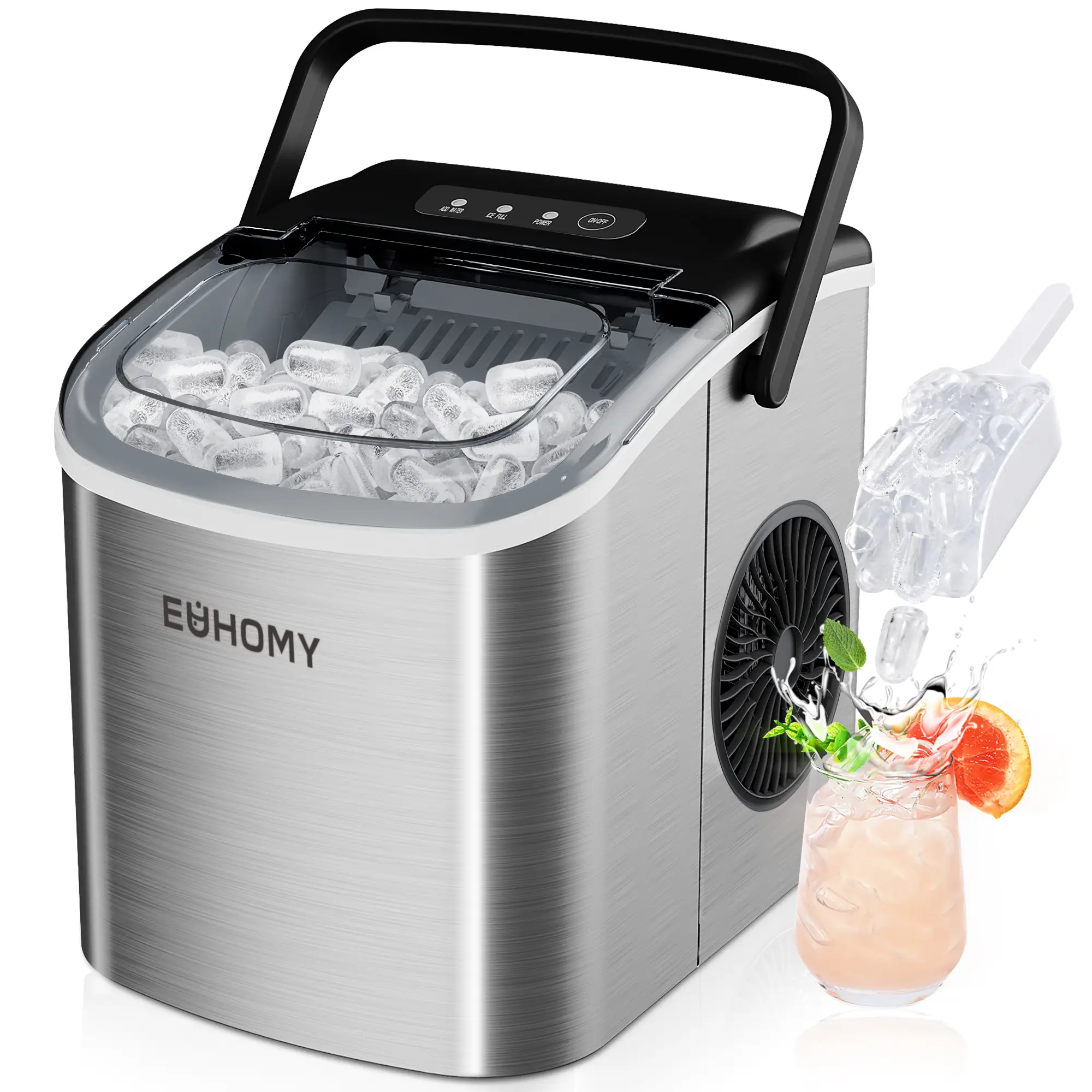 EUHOMY Countertop Ice Maker with Handle, 26lbs in 24Hrs, 9 Ice Cubes Ready in 6 Mins, Auto-Cleaning Portable Ice Maker with Basket and Scoop, for Hom