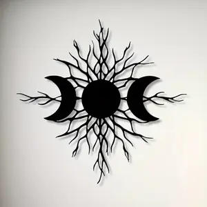 1 Dark Three Moon Metal Wall Art - Moon Phase Tree Design with Sun and Branches, Mysterious Celestial Wall Carving, Durable Metal Indoor/Outdoor Wall Decoration, Modern Home Decoration, Easy to Hang Unique Home Gifts