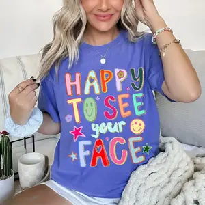 Happy To See Your Face Teacher Shirt Hand Drawn Colorful Doodle Stars Messy Glitter Teacher T-shirt Appreciation Gift Tee