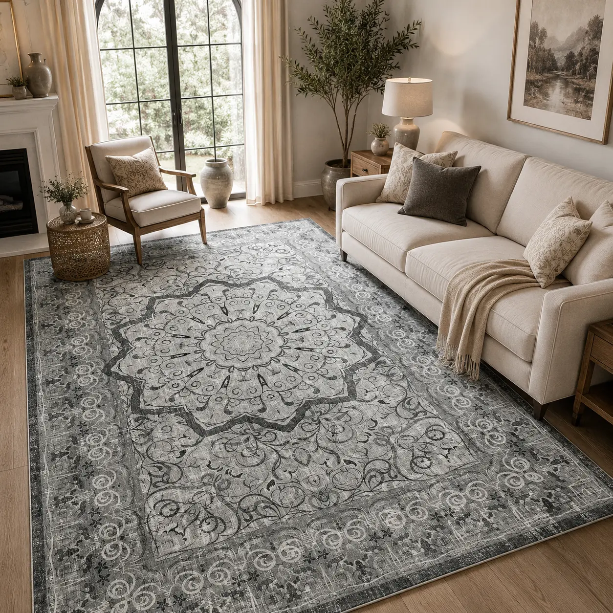 YIHOUSE Washable Neutral Vintage Area Rug, Large Boho Mandala Living Room Rug, Non-Slip, Stain-Resistant & Soft, Ideal for Living Room, Bedroom, Dining Room, Nursery. Distressed Ethnic Floral Runner Rug Luxury
