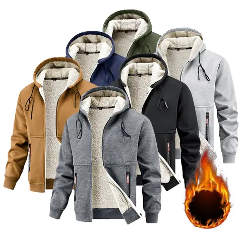 2026 New Men's Lamb Wool Cozy Jacket - Menswear, Long Sleeve Tops, Windproof Hood, Warm Thick Casual Coats, Plain Design, 100% Other Materials, Men's Fall Clothing, Available in Navy Blue,Brown,Dark Gray,Black,Navy Green,Light Gray