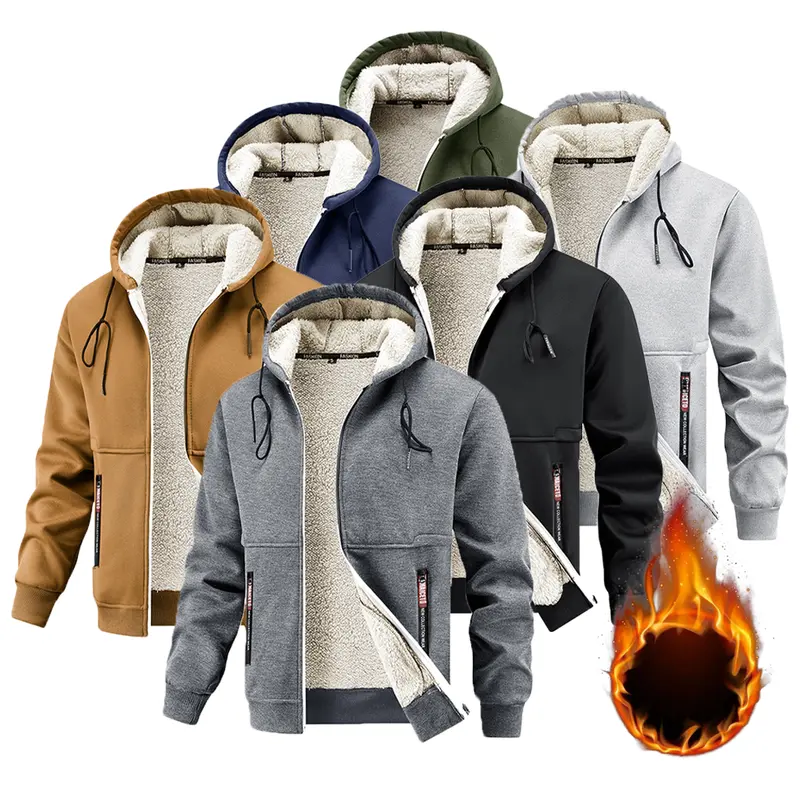 2026 New Men's Lamb Wool Cozy Jacket - Menswear, Long Sleeve Tops, Windproof Hood, Warm Thick Casual Coats, Plain Design, 100% Other Materials, Men's Fall Clothing, Available in Navy Blue,Brown,Dark Gray,Black,Navy Green,Light Gray