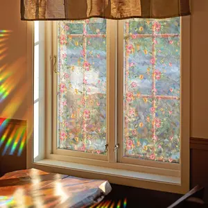 Window Film, Decorative Window Privacy Film, Removable Pink Flower Stained Double Sided Glass Windows Clings Stickers for Home Office Living Room Window Door Decor 39.37 x 15.74 Inches