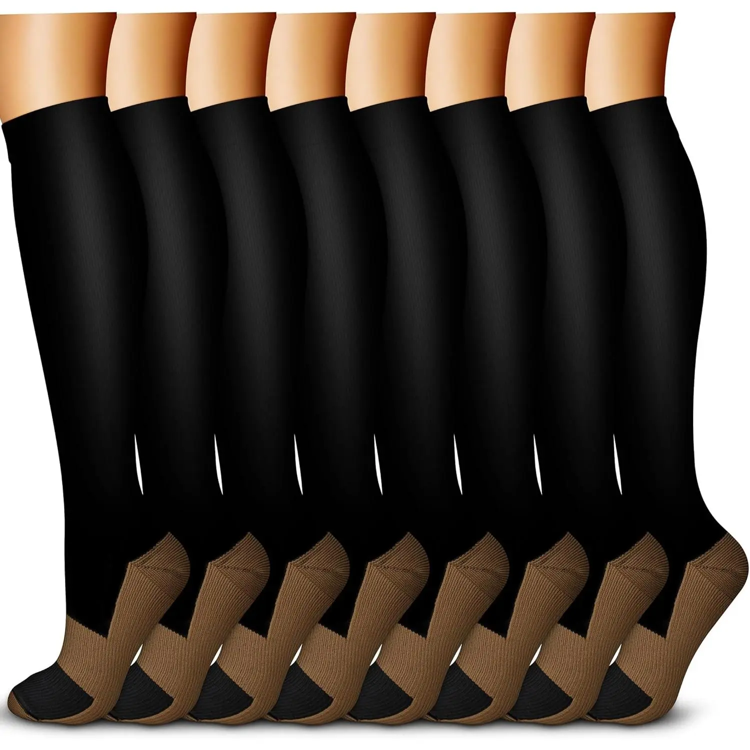 Unisex Copper Compression Socks, 8 Pairs Pack for Maternity, Running & Circulation, Knee-High, 15-20 mmHg