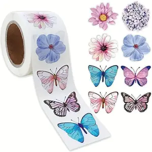 Butterfly & Flower Pattern Sticker (500pcs/roll), Self-adhesive Decorative Sticker, Decorative Sticker for Gift Wrapping, Baking Labels and Craft Projects for new year gifts