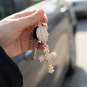 Christian Themed Cross, Pearl And Diamond Charm Keychain - Cross Keychain, Keychain For Bags, Bag Charm, Cross Pendant, Wallet Backpack Decor, Earphone Bag Accessory, Luggage And Car Decor Keychain With Ring