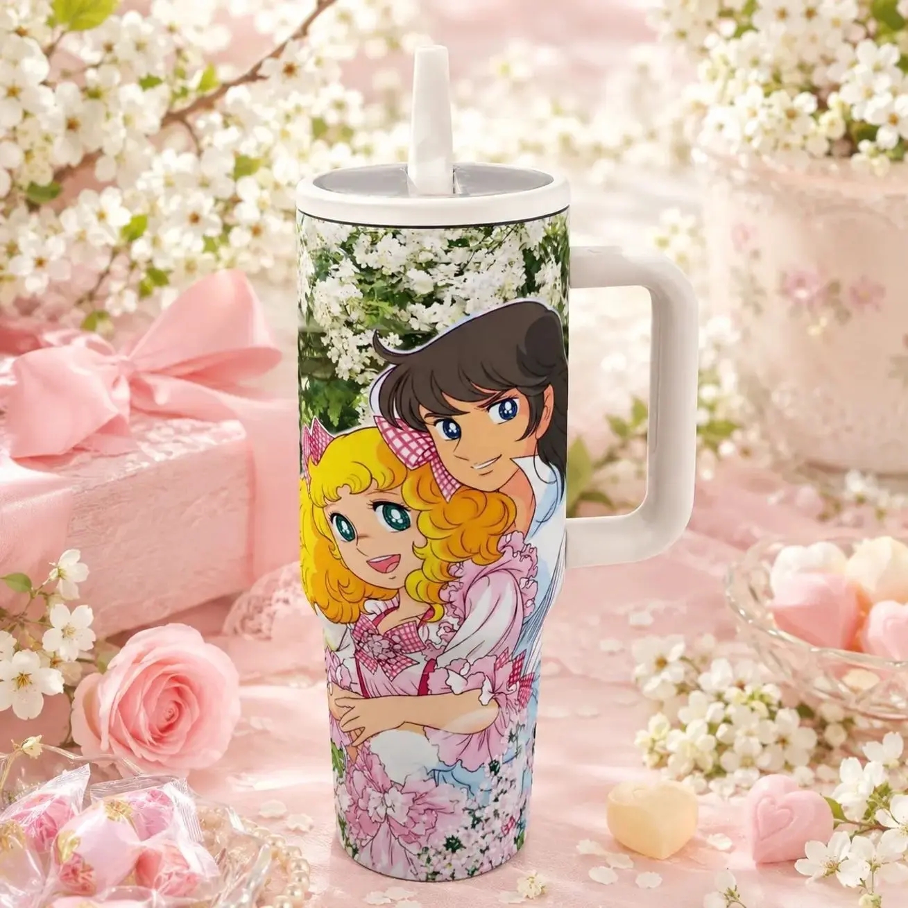 40oz CandyCandy Tumbler with Lid and Straw, Leak-Proof Travel Mug with Handle, Kawaii Retro Anime Cup for Commute Travel Outdoor Office