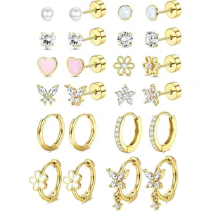 Hypoallergenic Flat Back Earrings for Women Girls-Cute Toddler Kids Teen Girls Earring Set-Surgical Steel Earrings for Sensitive Ears-14K Gold Plated Stainless Steel Flatback Studs Screw Back Small Hoop Cartilage Earring Stacks