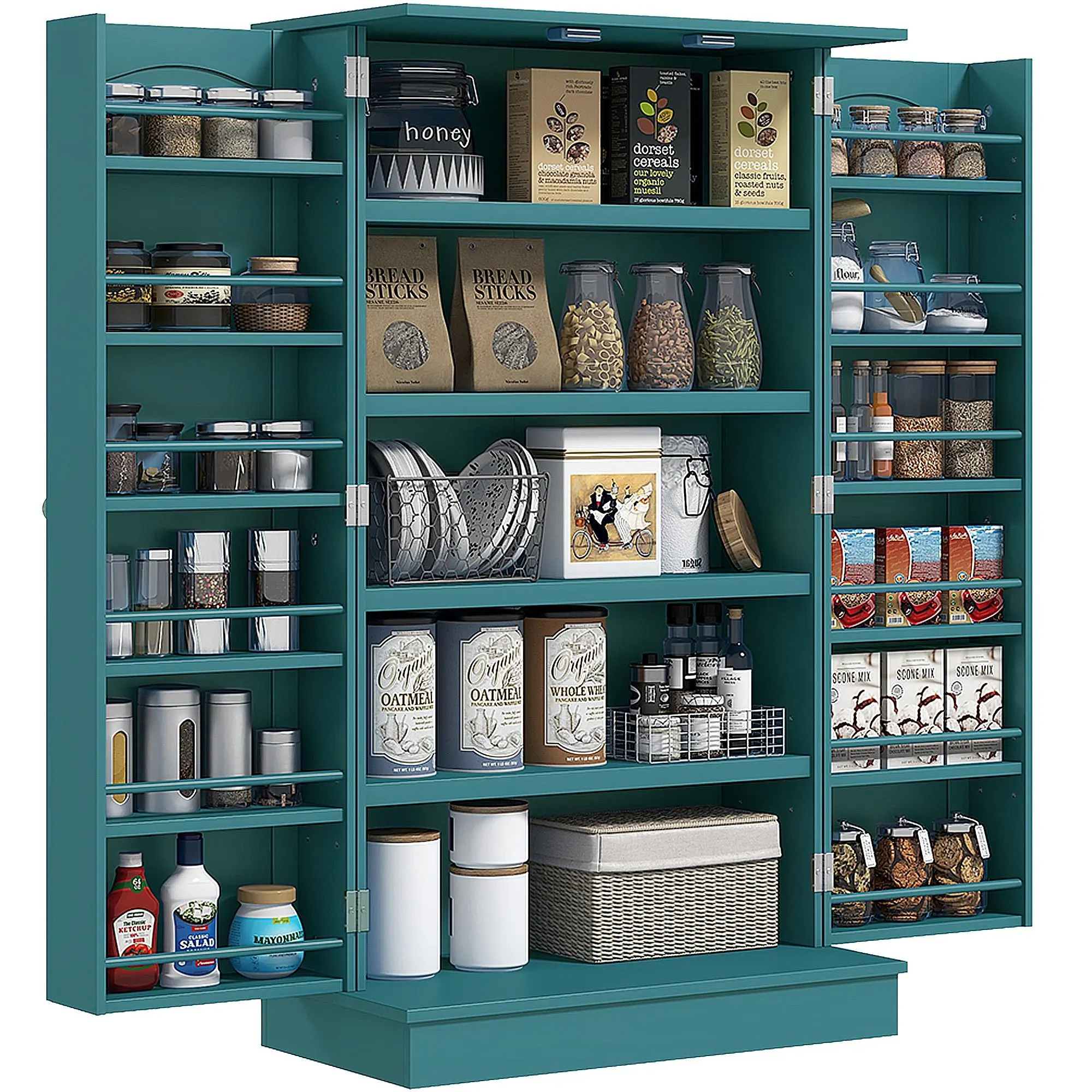 Blue Freestanding Double-Door Kitchen Cabinet, Adjustable Multi-Compartment & Compact Cupboard with Adjustable Shelves, Silver Metal Hardware, Anti-Tipping Straps for Living Room, Garage, Adjustable Multi-Compartment Cabinets, Compact Multi-Compartment Ca
