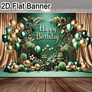 2D flat banner, 1pcTeal & Gold Happy Birthday Backdrop with Floral Decor, Green Gold Balloons & Ornaments - Festive Party Decorations for Birthday Celebration
