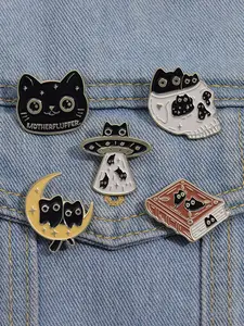 Cute Cartoon Cat Book Moon Space Station Design Brooch (5pcs), Enameled Pin Jewelry for Party, Daily Clothing Decor, Trendy All-match & Exquisite Brooches for Birthday Gift, Halloween