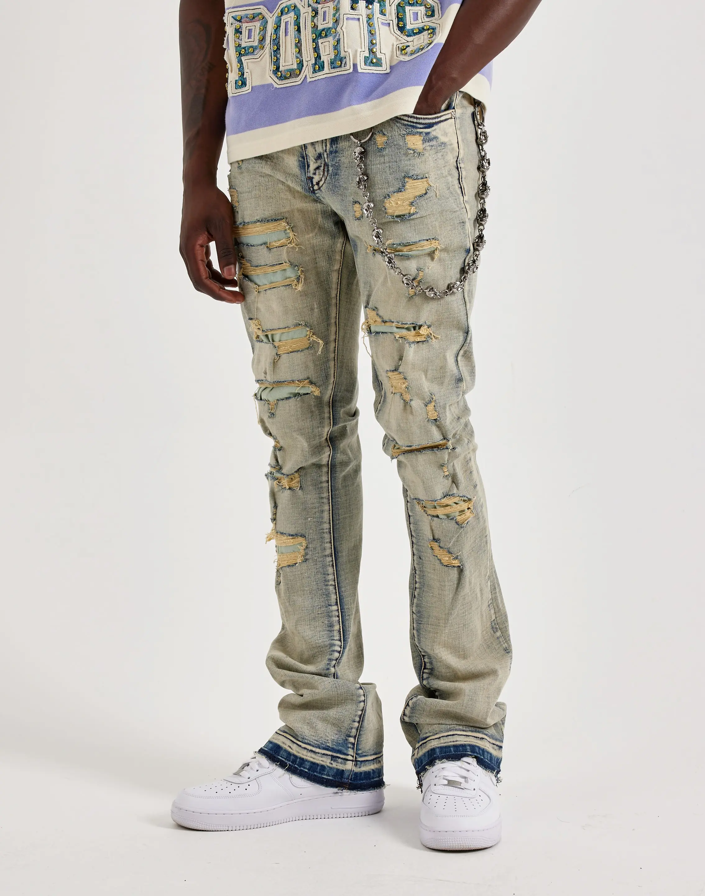 Mens WAIMEA Stacked Distressed Skull Chain Denim Jeans
