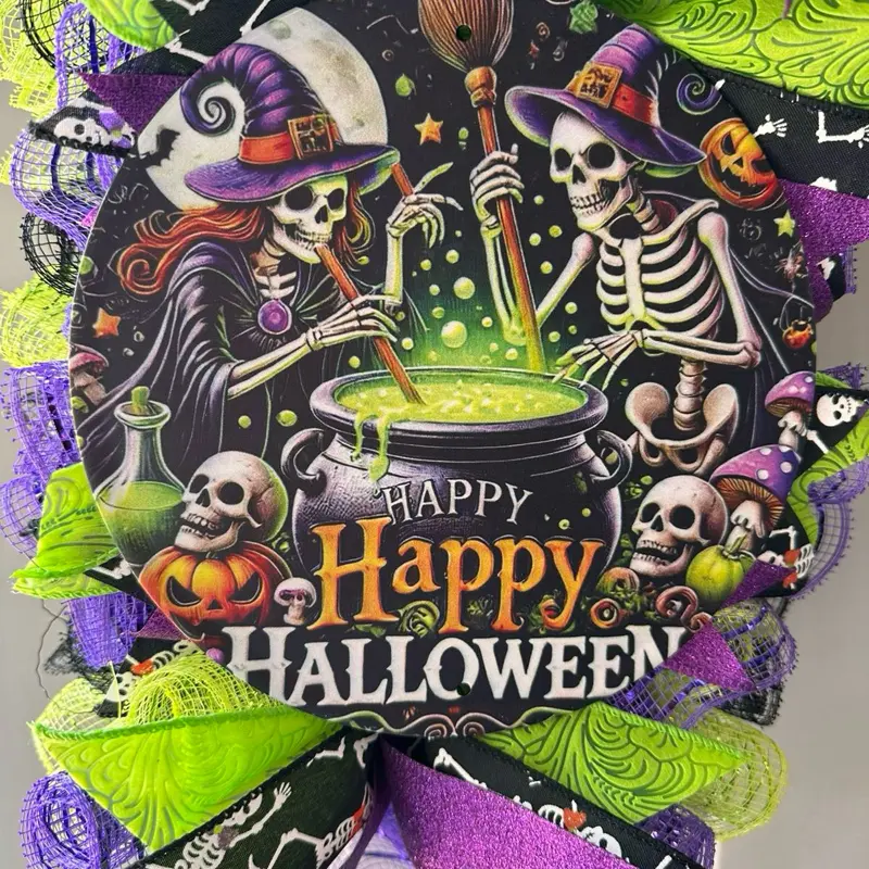 30 inch Swag Wreath - Happy Halloween Skeleton Hanging Decor