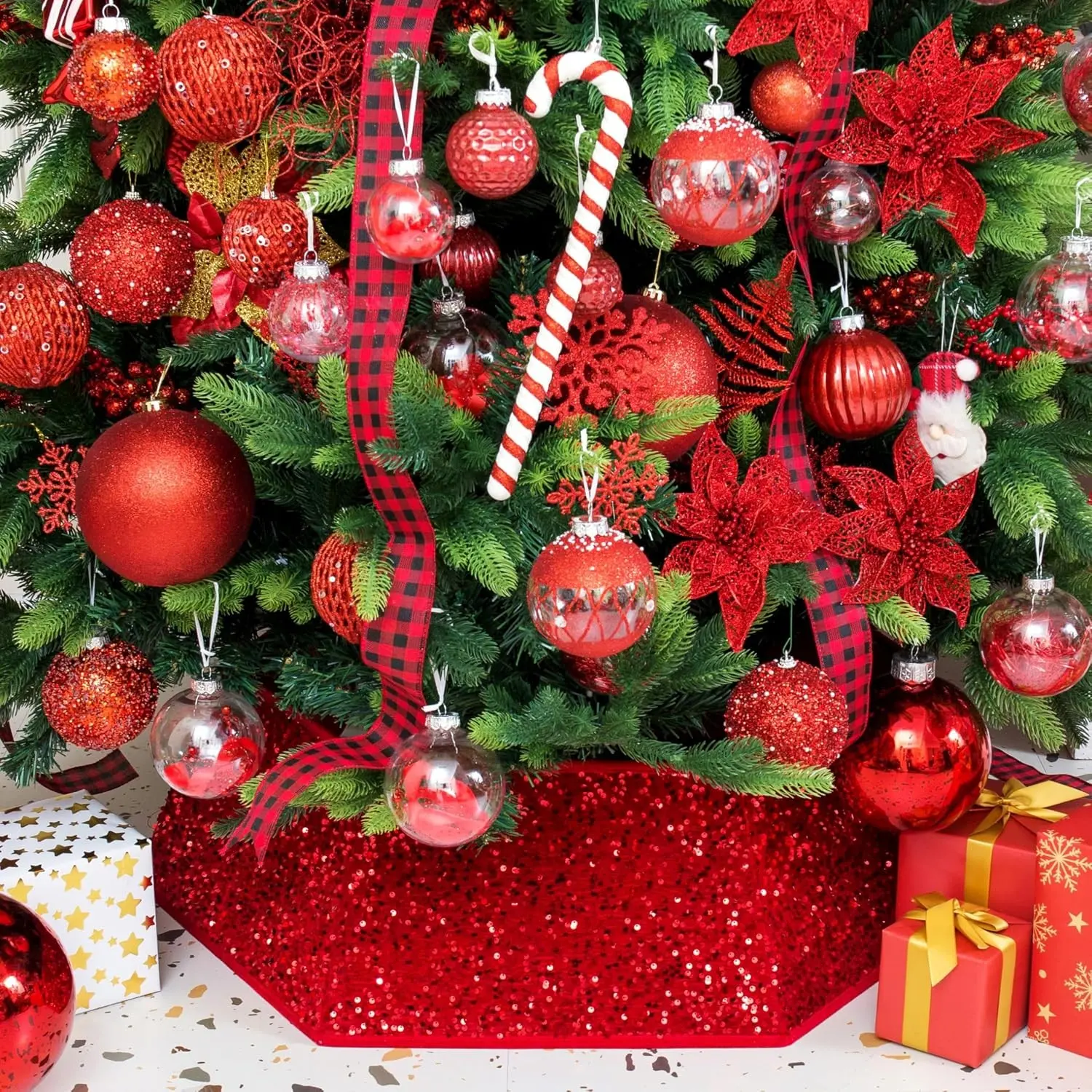 Christmas Tree Collar 33.5 inch Sequin Tree Skirt Stand Base Cover, Large Size 6 Piece Red for Home Christmas Decor