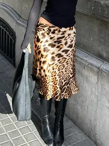 Women's Leopard Satin Patchwork Long Skirt Y2K Low Waist Vintage Elegant Streetwear Spring Summer Half Dress for Women Leopard Print Skirt