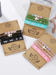 WWJD letter bracelet+Letter Link Bracelet+turquoise cross faith bracelet 4-piece set, suitable for parties, dates, daily wear, and as a gift for people