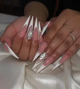 Bling French Tip Press On Nails Luxury Rhinestone Glitter Acrylic Fake Nails Handmade Sparkly Style for Wedding Party Event