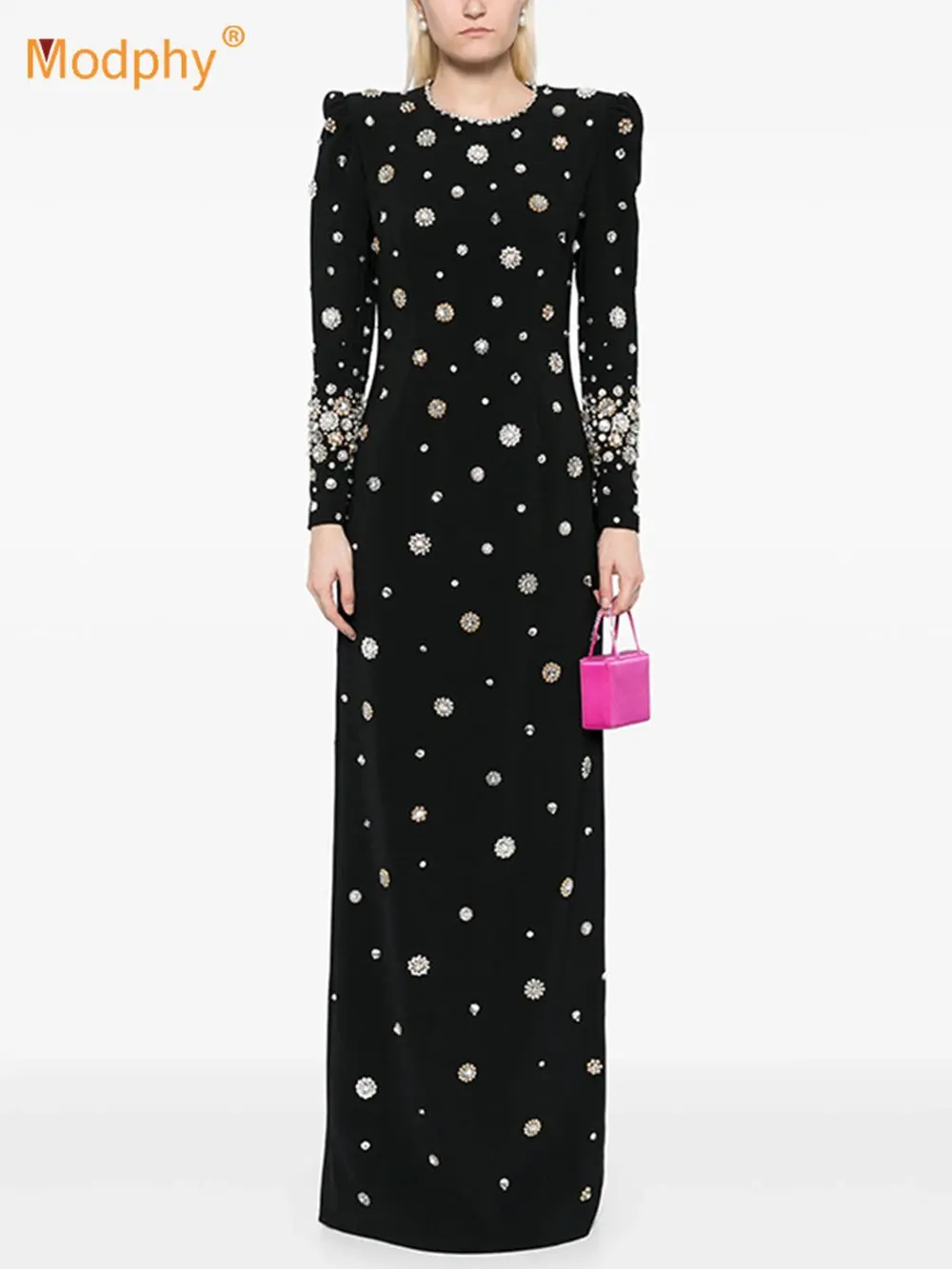 Modphy High-Quality Shiny Diamond Bead Slim Formal Maxi Dress Women'S Long Sleeved O-Neck Elegant Celebrity Evening Runway Gowns