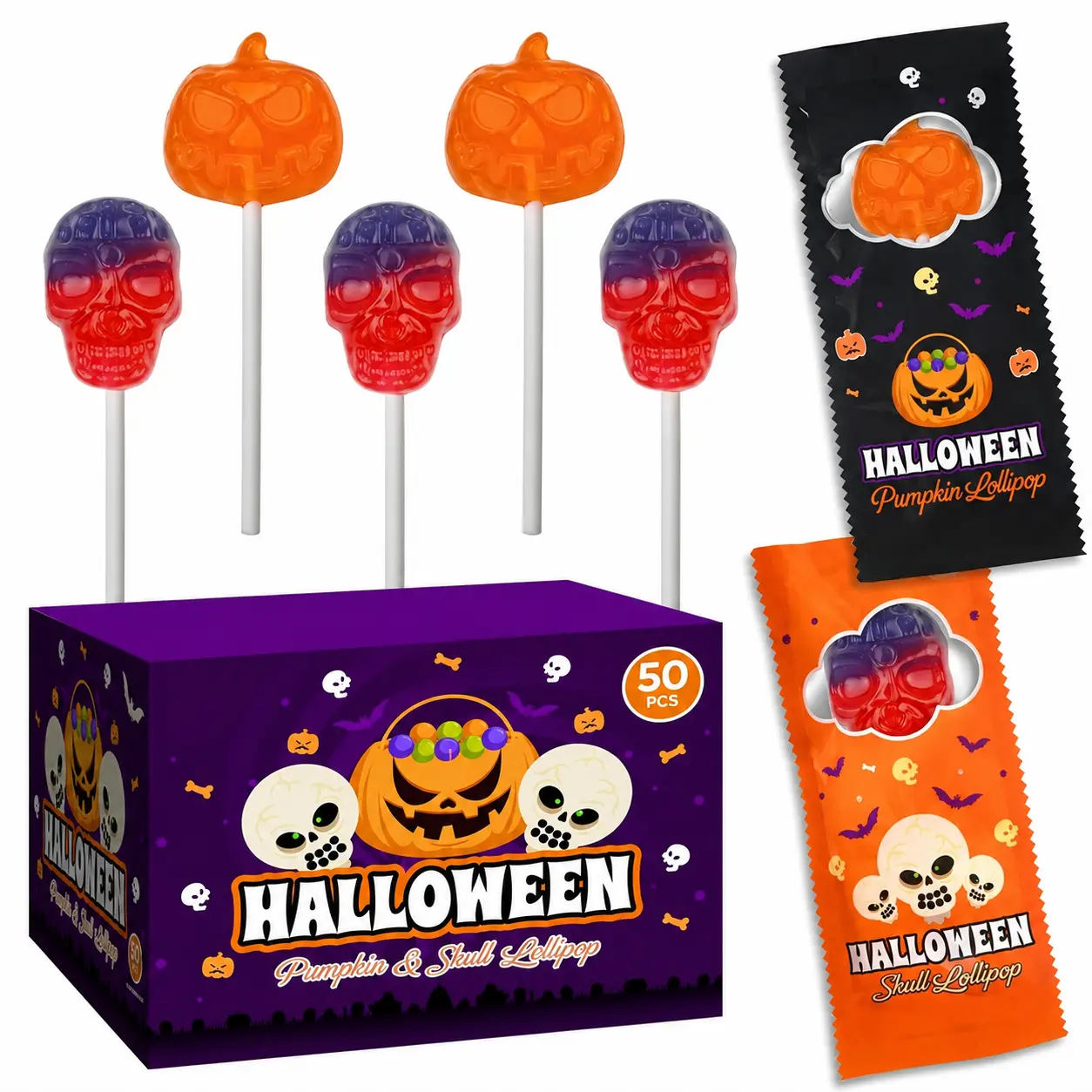 Halloween Lollipops 50 Pack Individually Wrapped Pumpkin & Skull Suckers Strawberry & Tutti Frutti Flavored Candy Bulk Trick or Treat Candy for Kids Halloween Party Favors Classroom Rewards Goodie Bag Fillers