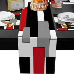 2D flat printing, 5-piece/7-piece geometric tablecloth and placemat set, red, black and gray abstract painting art table decoration, suitable for daily kitchen and dining table decoration use