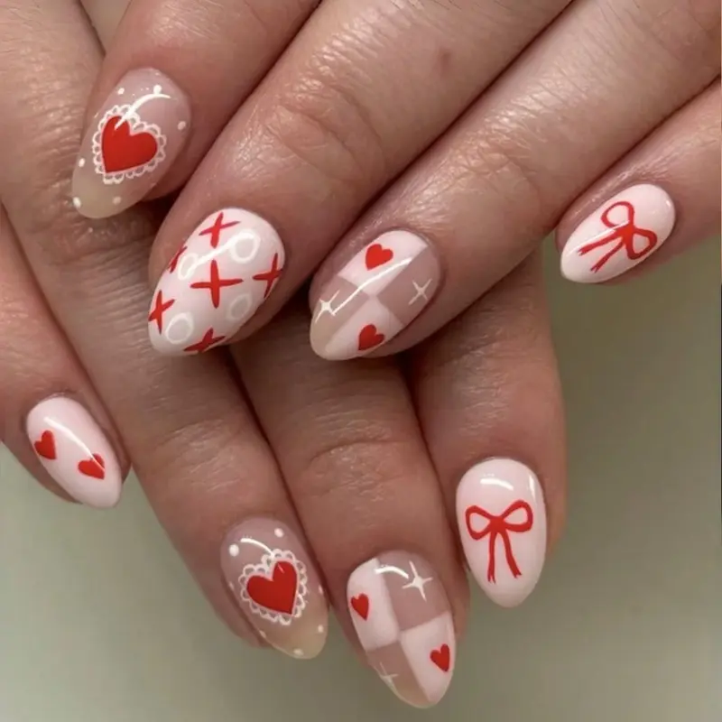 24pcs Valentine's Day Nail Art Set: Oval Shaped Press-On Nails
