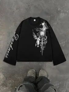Men's Punk Rock Long Sleeve T-Shirt, Gothic Street Style Fitted Top, Geometric Angel Pattern, Full Eye Cross Print, Casual Wear, Menswear, Streetwear