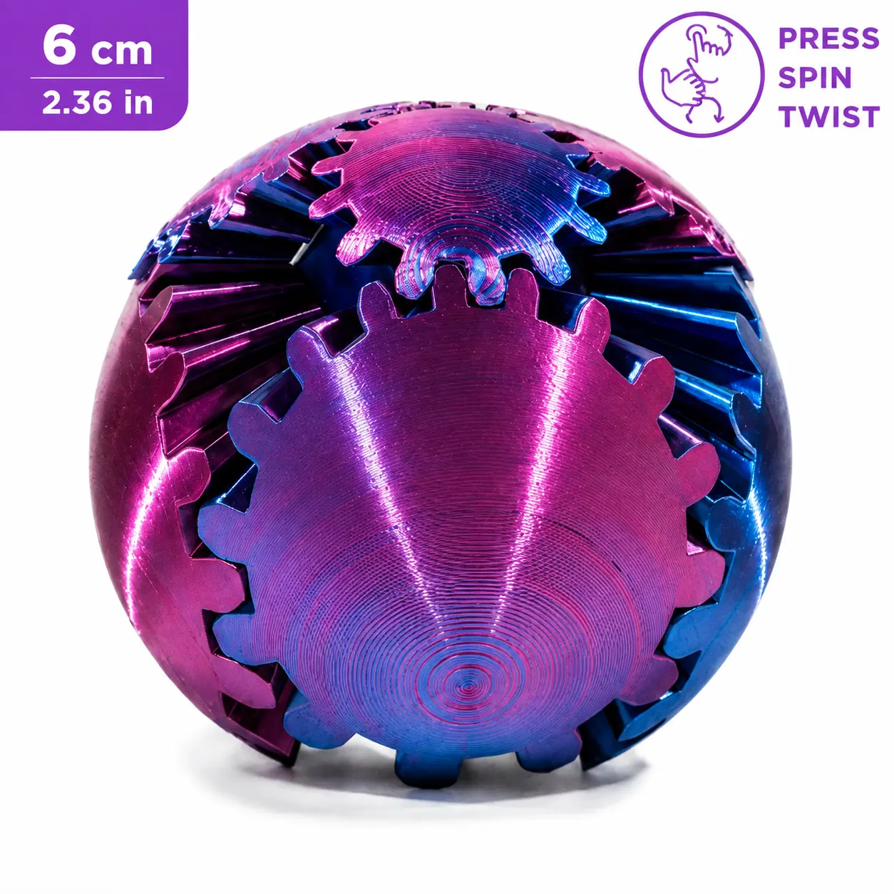 3D Printed Gear Ball Fidget Toy - Iridescent Purple Blue Rotating Sensory Toy, Smooth Spinning Desk Fidget for Work Breaks, Study Sessions, Waiting, Relaxing at Home & Everyday Play, Unique Birthday & Party Gift
