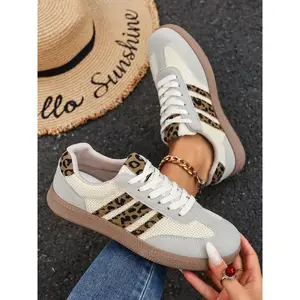Women's Beige & Leopard - Print Color - Block Lace - Up Sneakers, Casual Walking Shoes, Daily Commute & Outdoor Event Footwear, Casual Athletic Footwear, Breathable Fashion Trainers, Versatile All - Match Leisure Shoes, Lightweight Trendy Running Shoes