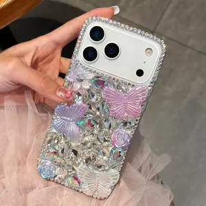 for iPhone 17 16 Pro Max 15 Plus 14 13 12 11 Pro Max XS XR 11 Pro SE2 SE3 17 Air Butterfly Flower Diamond Bling Case Luxury Crystal Rhinestone Glitter Women Girls Case Cover