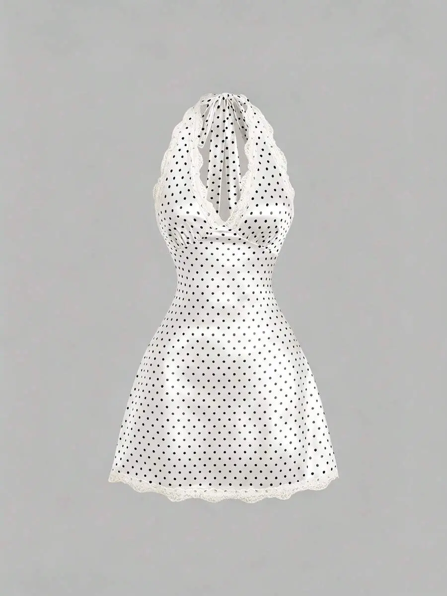 AMBER Women's Elegant Vintage Polka Dot Satin Dress, Comfortable And Versatile For Beach Vacation